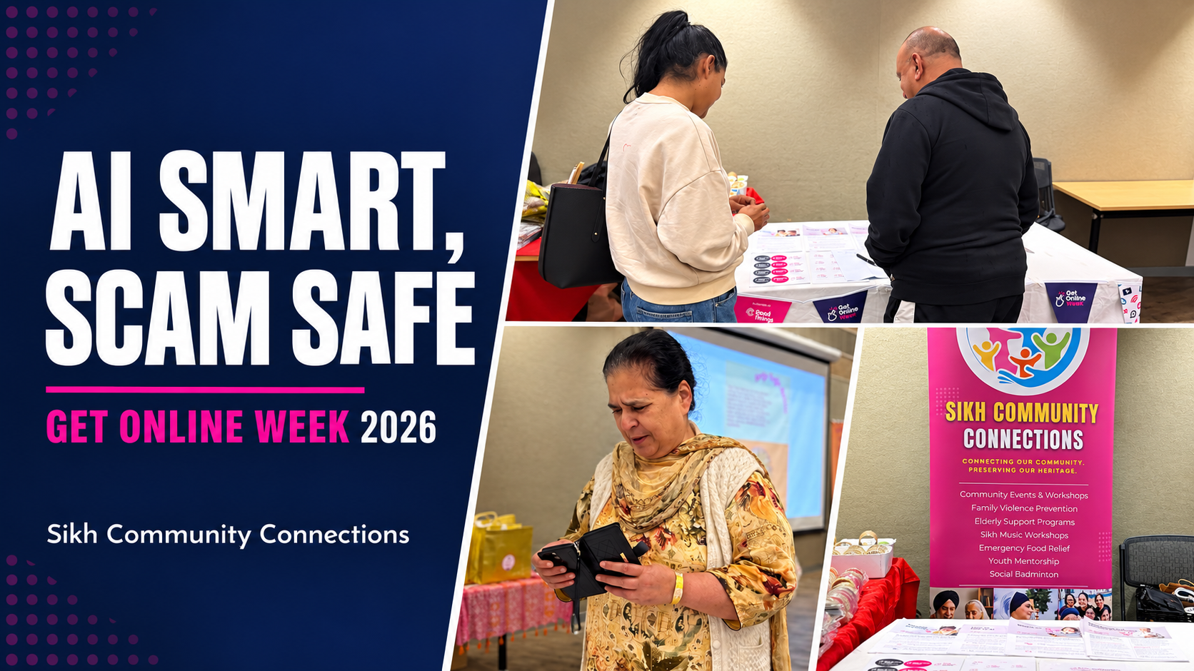 Get Online Week event collage showing attendees at Sikh Community Connections’ information table and digital learning resources.
